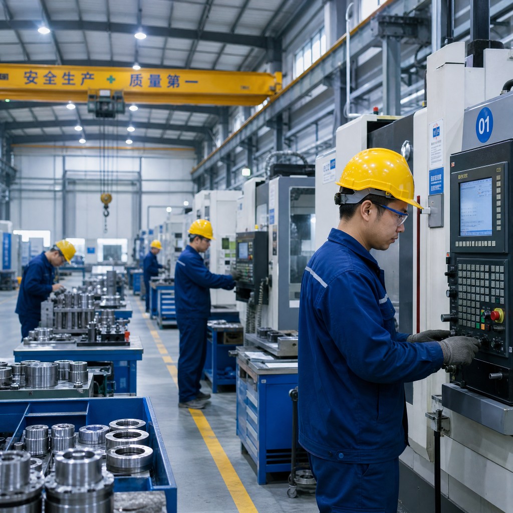 CNC machining workshop with production lines and quality-focused manufacturing