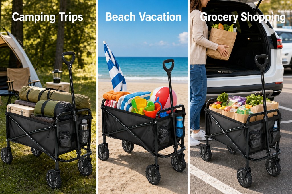 Three usage scenarios: camping trips, beach vacation, grocery shopping