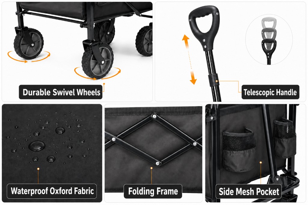 Five detail panels: 360 عجلات دوّارة, telescopic handle, waterproof قماش Oxford, folding frame, side mesh pockets