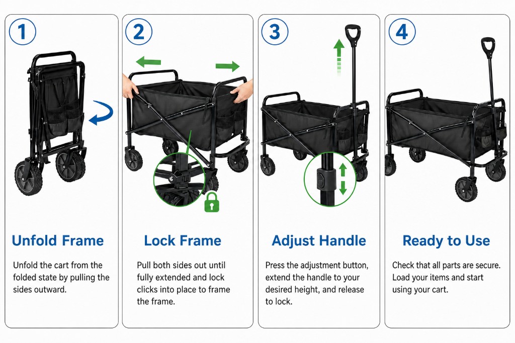 Four-step setup instructions: unfold frame, lock frame, adjust handle, ready to use