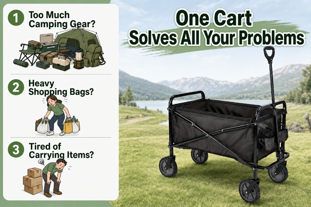 Collapsible utility wagon solves camping gear, grocery, and heavy box carrying problems