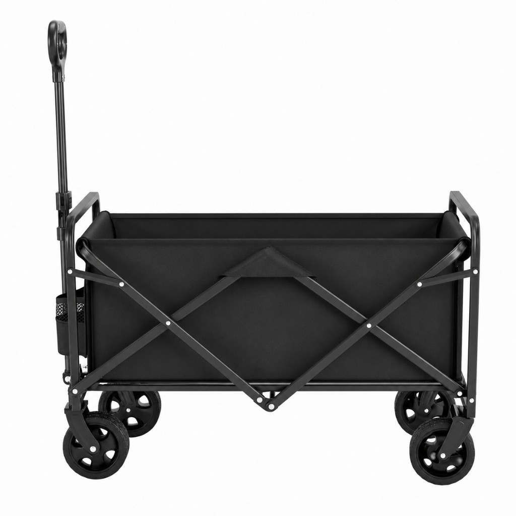 Chariot utilitaire pliable noir en profil avec cadre en X et poignée