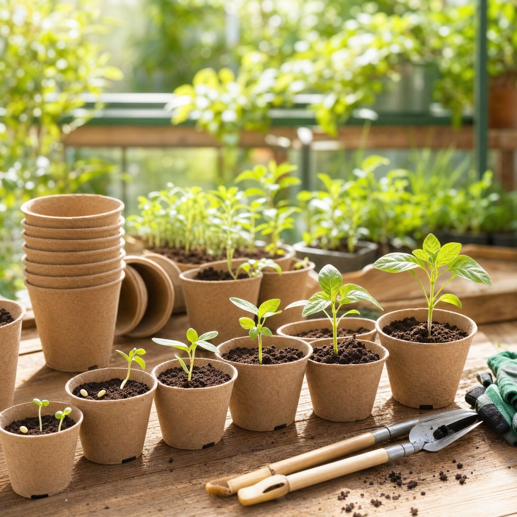 شتلات تنمو في أواني ألياف داخل بيت زجاجي