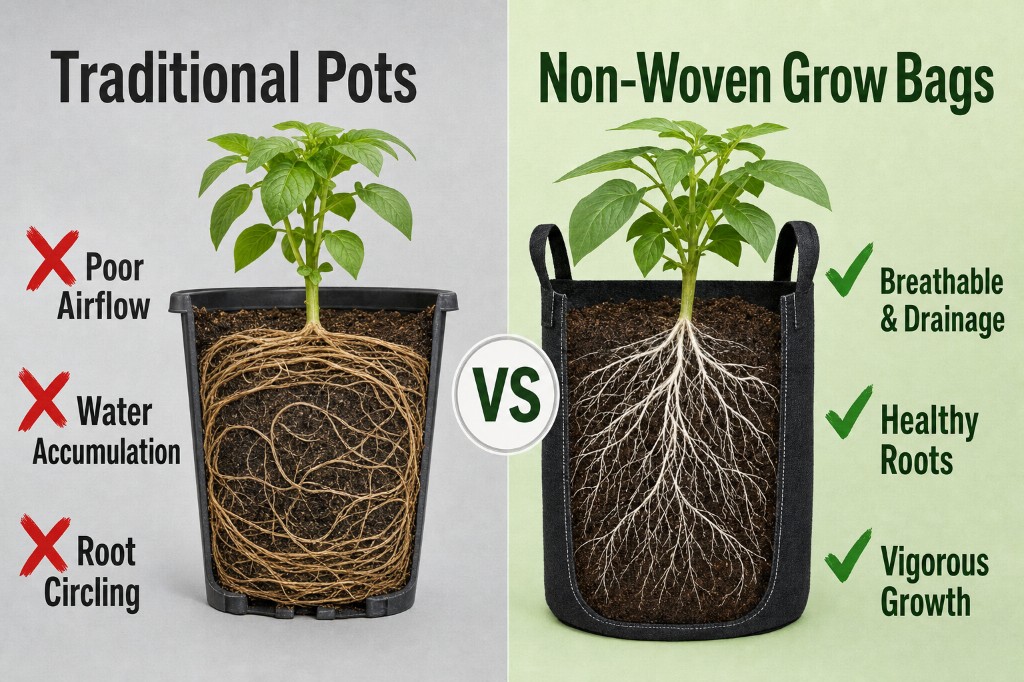 Infografik: Wurzelkreisen in Standard-Kunststofftöpfen vs. gesundes natürliches Air-Pruning in atmungsaktivem Stoffplanter