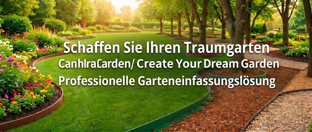 Premium flexible PE landscape edging kit installed in a professional curved garden border between lawn and mulch