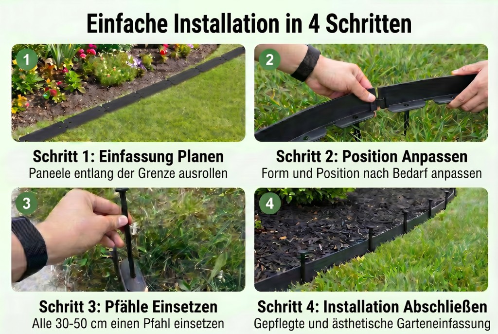 Green PE landscape edging roll with heavy-duty plastic spiral anchoring stakes