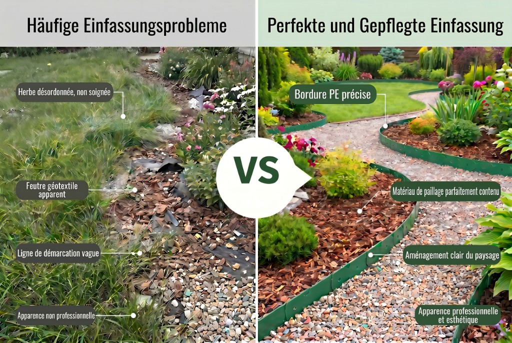 Before and after comparison — messy garden border vs clean PE no-dig landscape edging