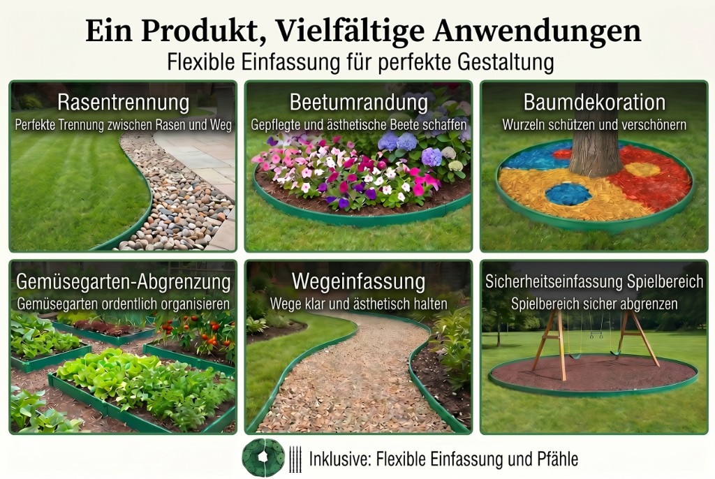 Six application scenarios — lawn separation flower beds tree decoration vegetable garden paths play areas