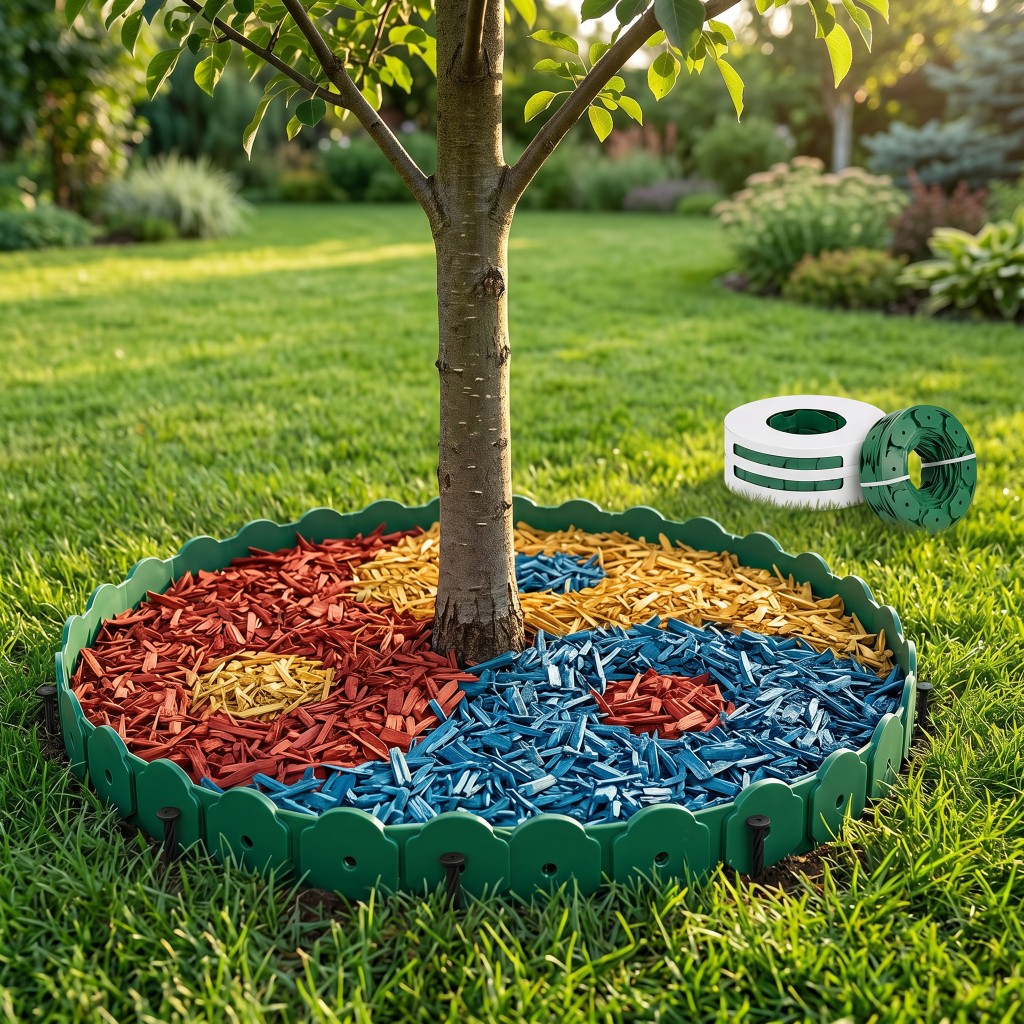 Circular tree ring border with decorative mulch using flexible green PE edging