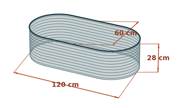 CAD-чертеж овальной приподнятой грядки из оцинкованной стали размером 120 × 60 × 28 см.