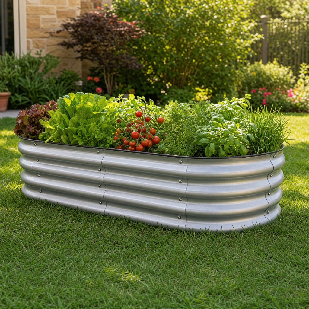 Galvanized steel raised garden bed wholesale lifestyle — خضروات وأعشاب في الفناء