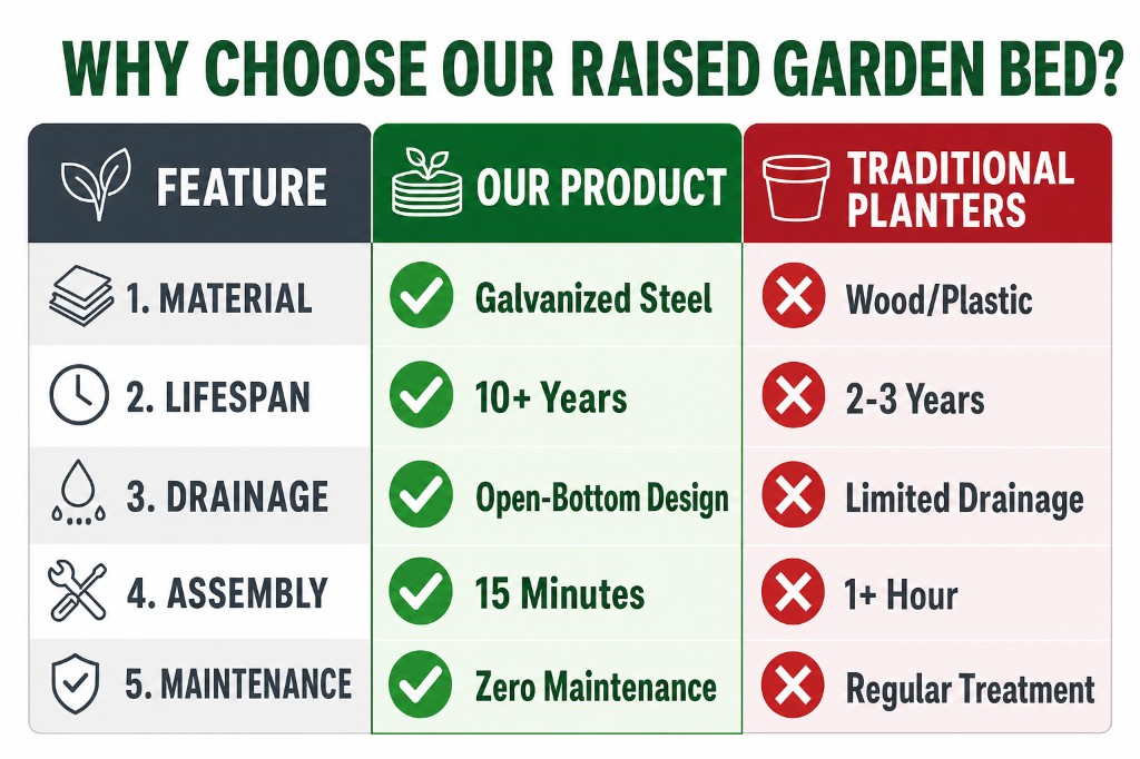 Galvanized steel raised garden bed wholesale مخطط مقارنة vs خشب/بلاستيك