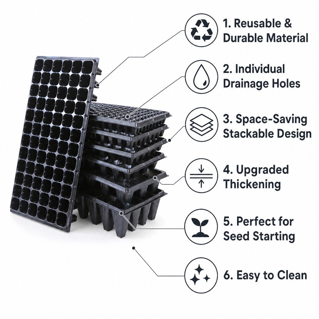 Seed starter tray six key features infographic