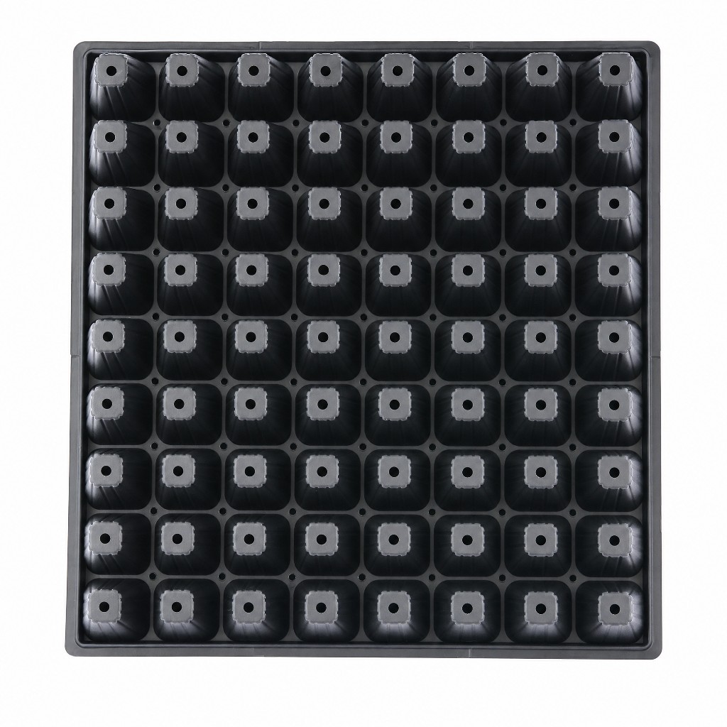 72-cell plug tray bottom view showing drainage and root ridges