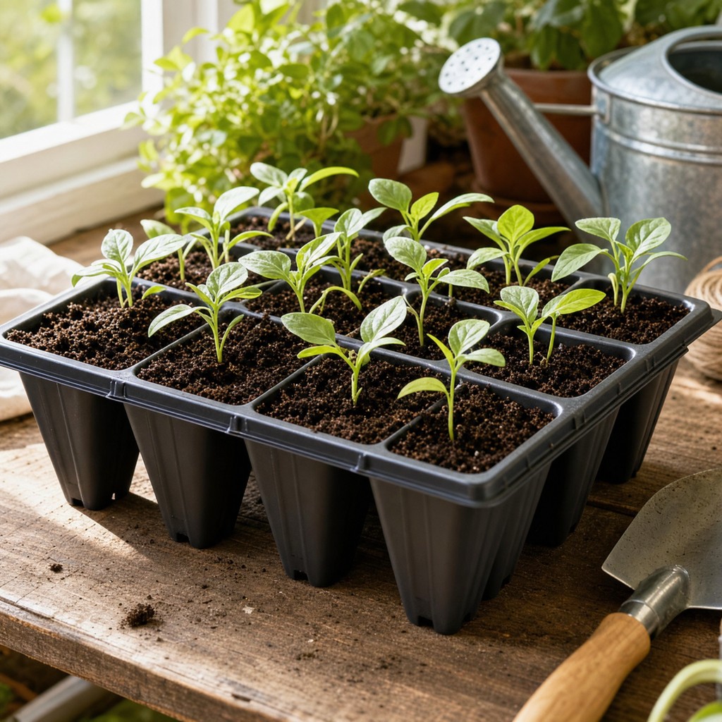 12-cell seedling tray with young plants on potting bench