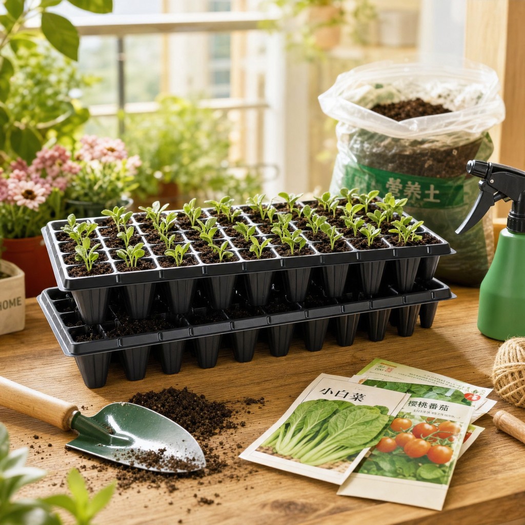 50-cell seed starter trays with soil seedlings and garden tools