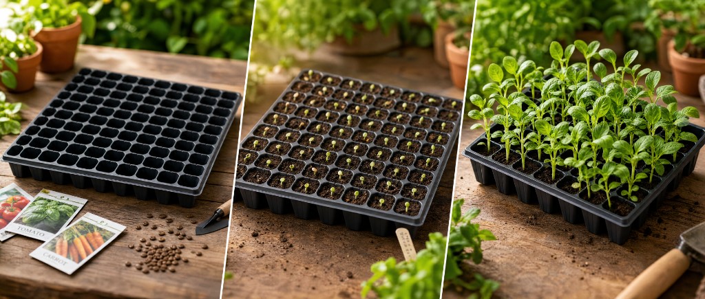 Wholesale seed starter trays growth cycle from empty tray to germinated sprouts and established seedlings