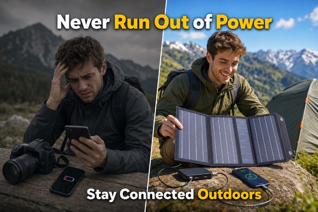 Wholesale 40W foldable solar panel charger — before and after off-grid camping power comparison