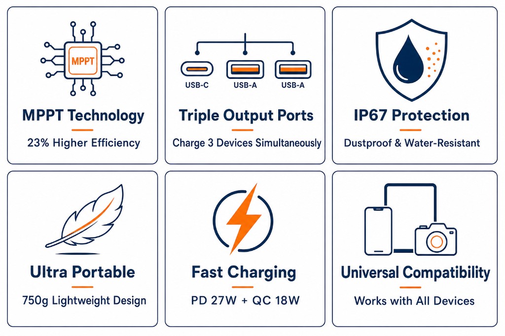 Infographie 40 W panneau pliable en gros MPPT—triple port, IP67, 750 g