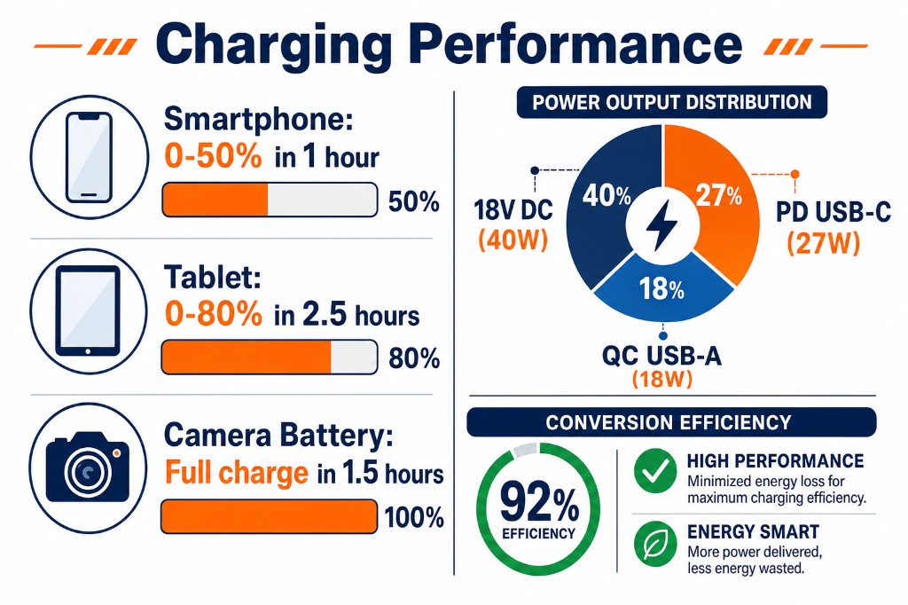 Graphique performance chargeur 40 W en gros—temps de charge et répartition 40 W