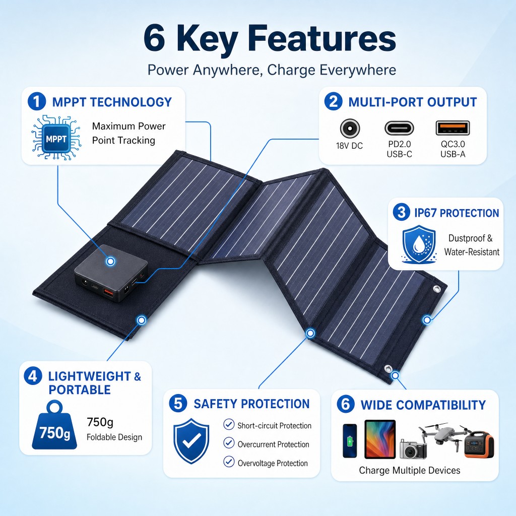 Six fonctions clés chargeur pliable 40 W en gros—MPPT, ports, IP67, 750 g
