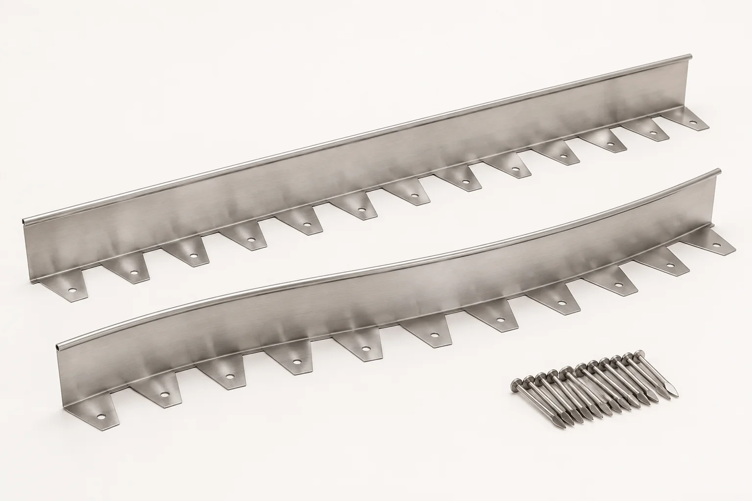 Straight and curved stainless steel landscape edging sections with matching fixing pins